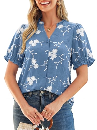 Simplee Womens Button Down Puff Ruffle Short Sleeve