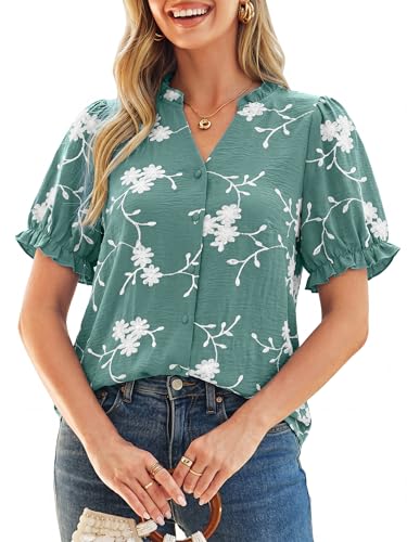 Simplee Womens Button Down Puff Ruffle Short Sleeve