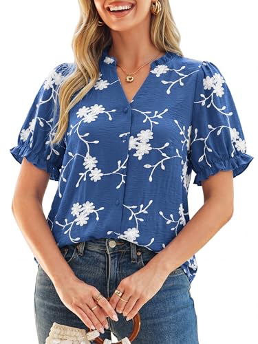 Simplee Womens Button Down Puff Ruffle Short Sleeve