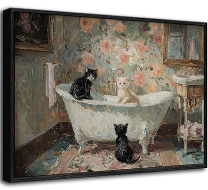 Vintage Cat Framed Bathroom Art