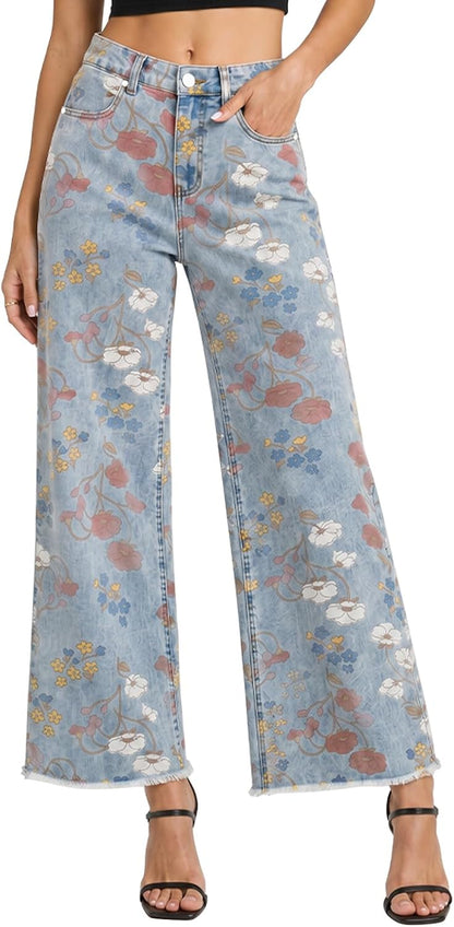 Patterned Wide Leg Jeans