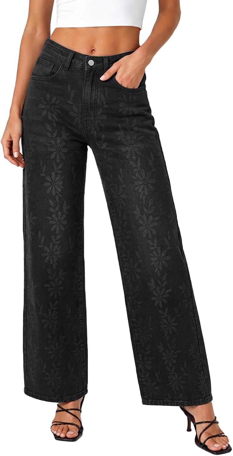 Patterned Wide Leg Jeans