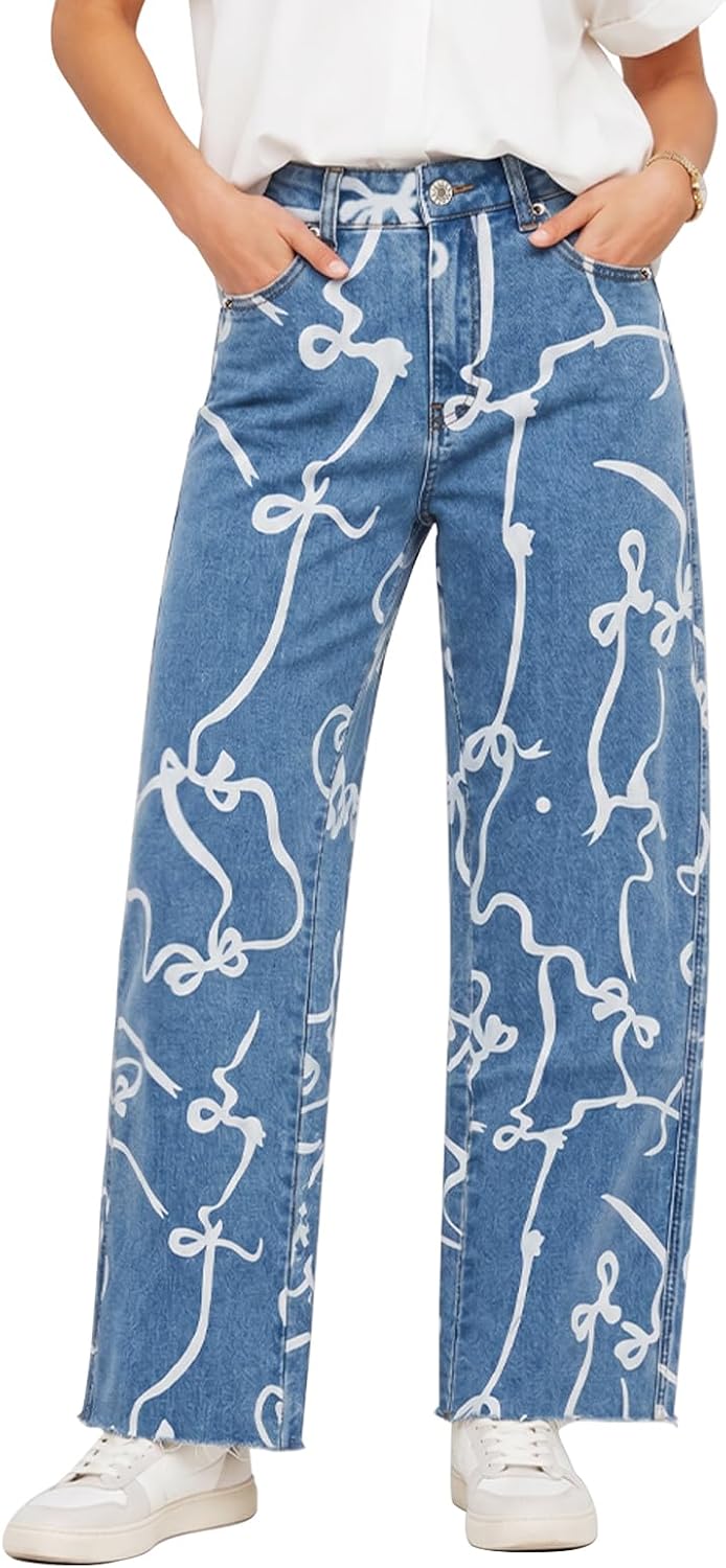 Patterned Wide Leg Jeans