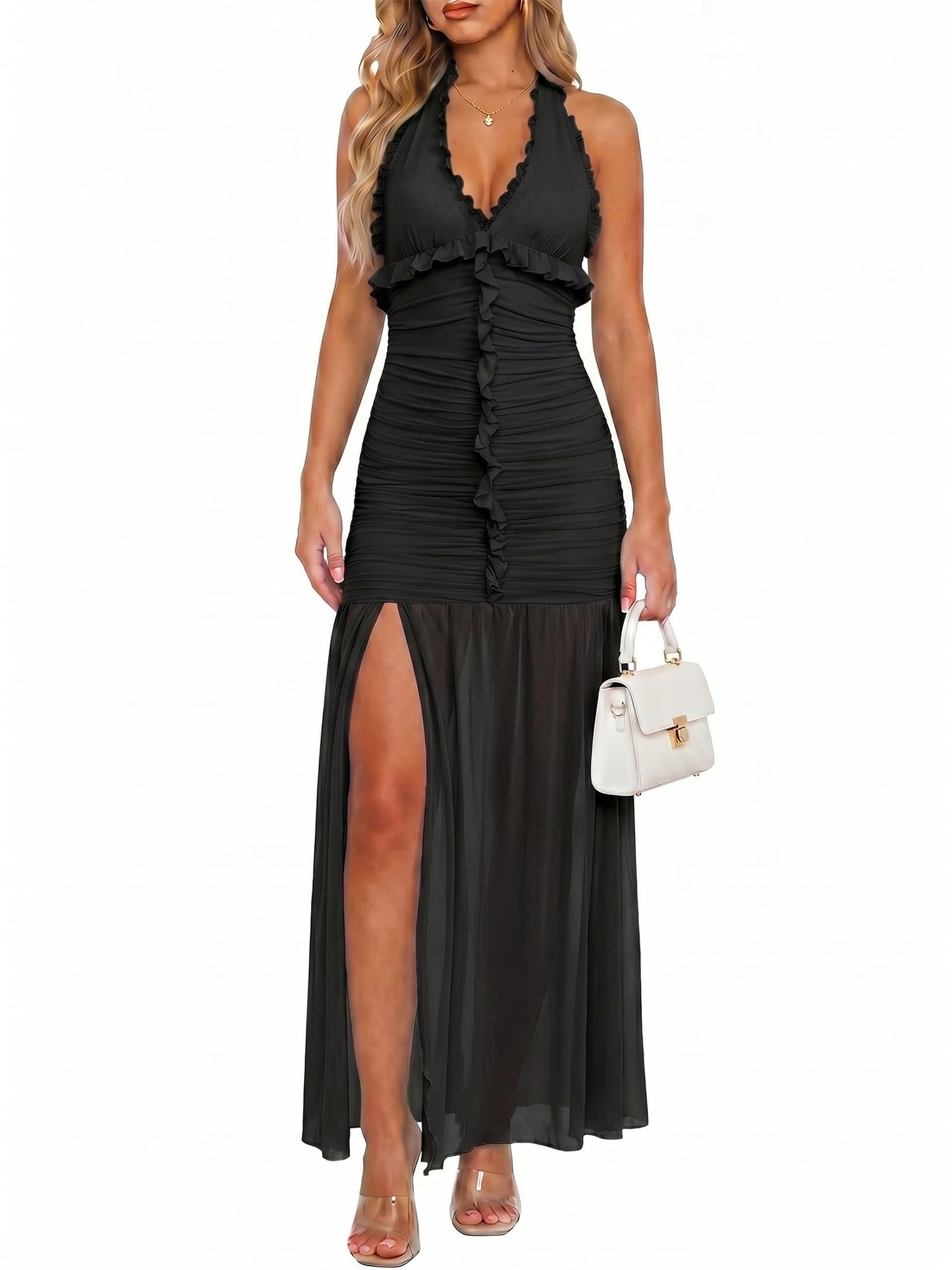 Halter Ruched Maxi Dress