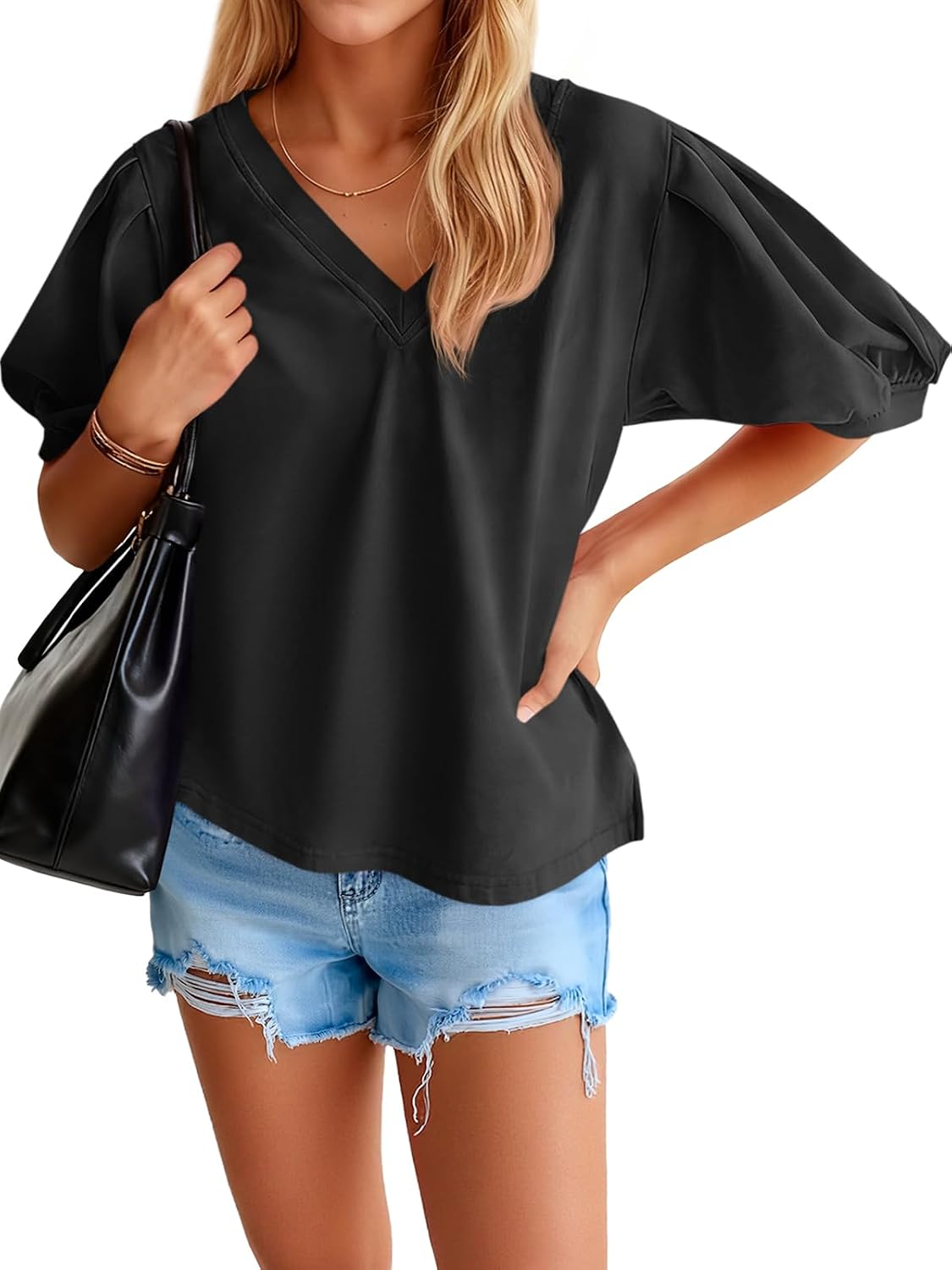 Puff Sleeve V-Neck T-Shirt