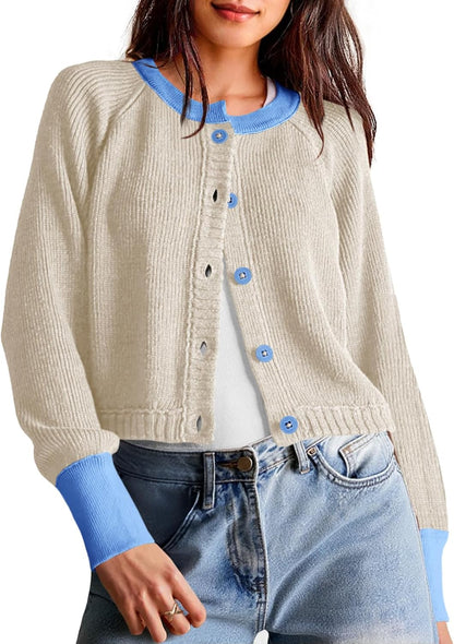 Cropped Color Block Cardigan