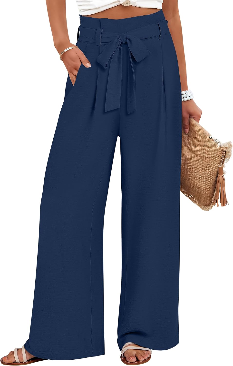 ANRABESS Womens Wide Leg Palazzo Pants Belted High Waisted Business Casual Flowy Long Trousers with Pockets