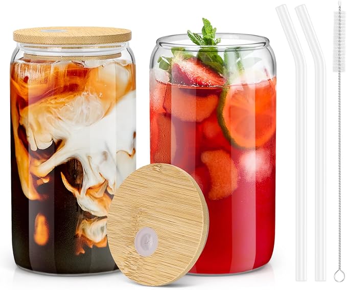 2PCS Glass Cups with Bamboo Lids