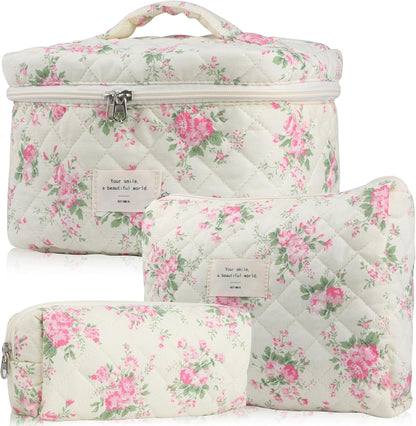 Quilted Floral Makeup Bag Set