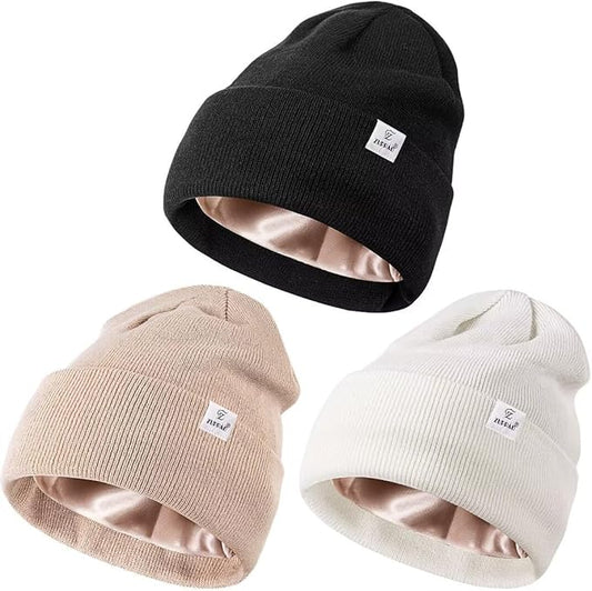 3 Pack Satin Lined Winter Beanie Hats