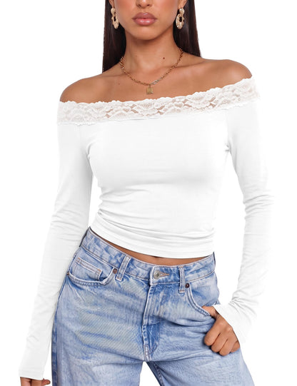 LUYAA Lace Trim Off The Shoulder Long Sleeve