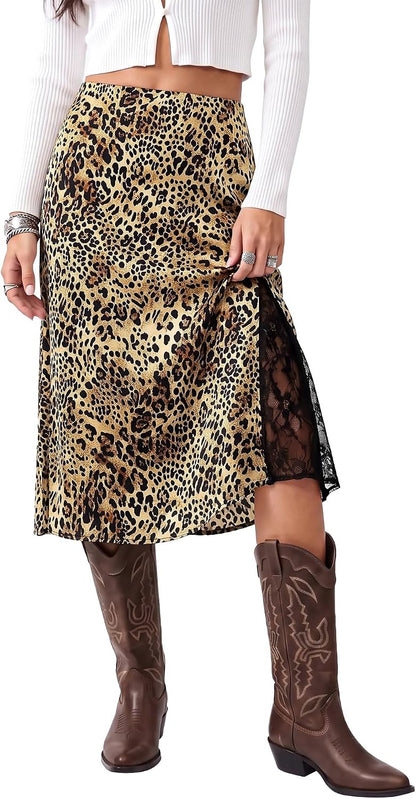 Leopard Satin Midi Skirt