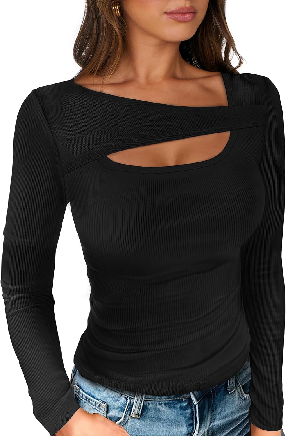 ANRABESS Ribbed Cutout Top
