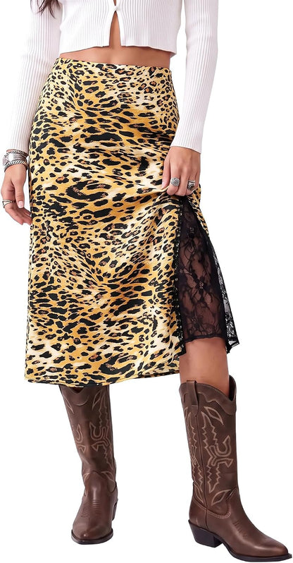 Leopard Satin Midi Skirt