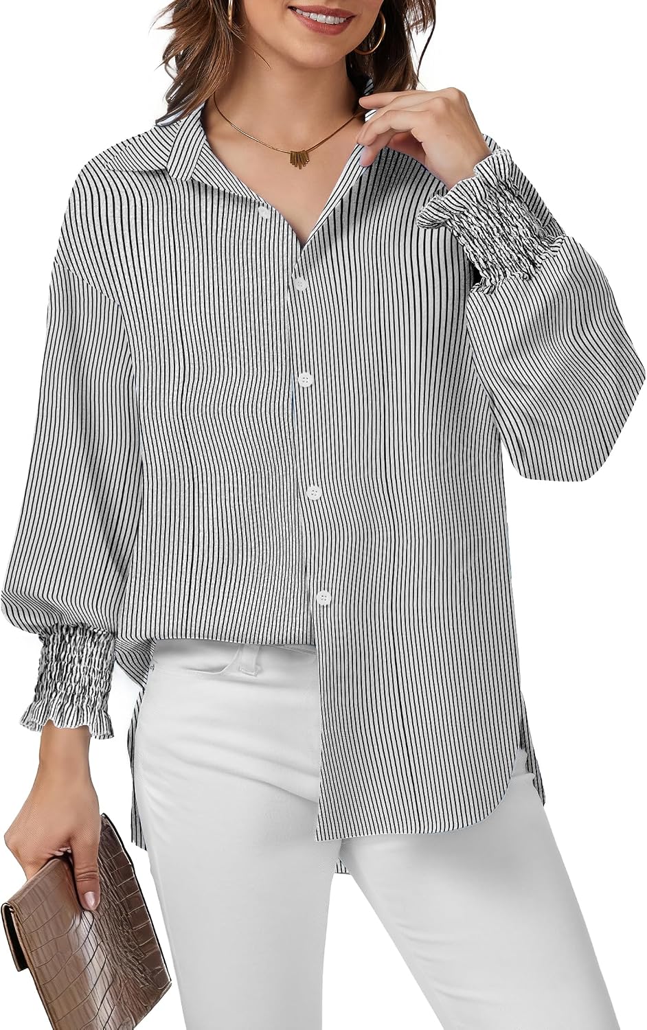 Button Down Smocked Blouse