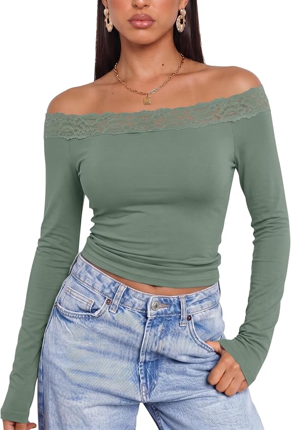 LUYAA Lace Trim Off The Shoulder Long Sleeve