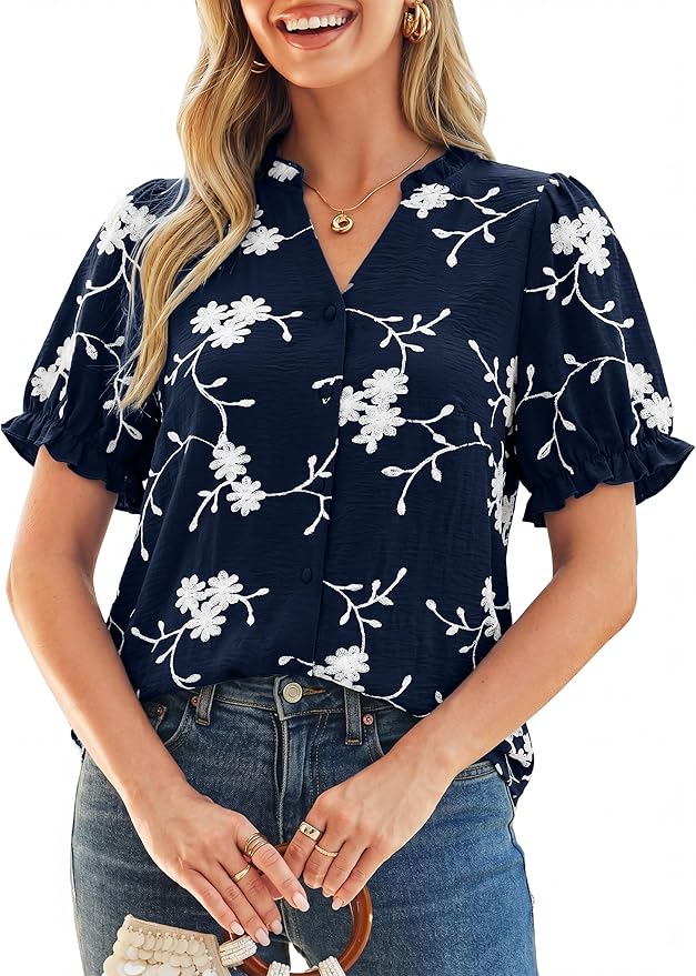Simplee Womens Button Down Puff Ruffle Short Sleeve