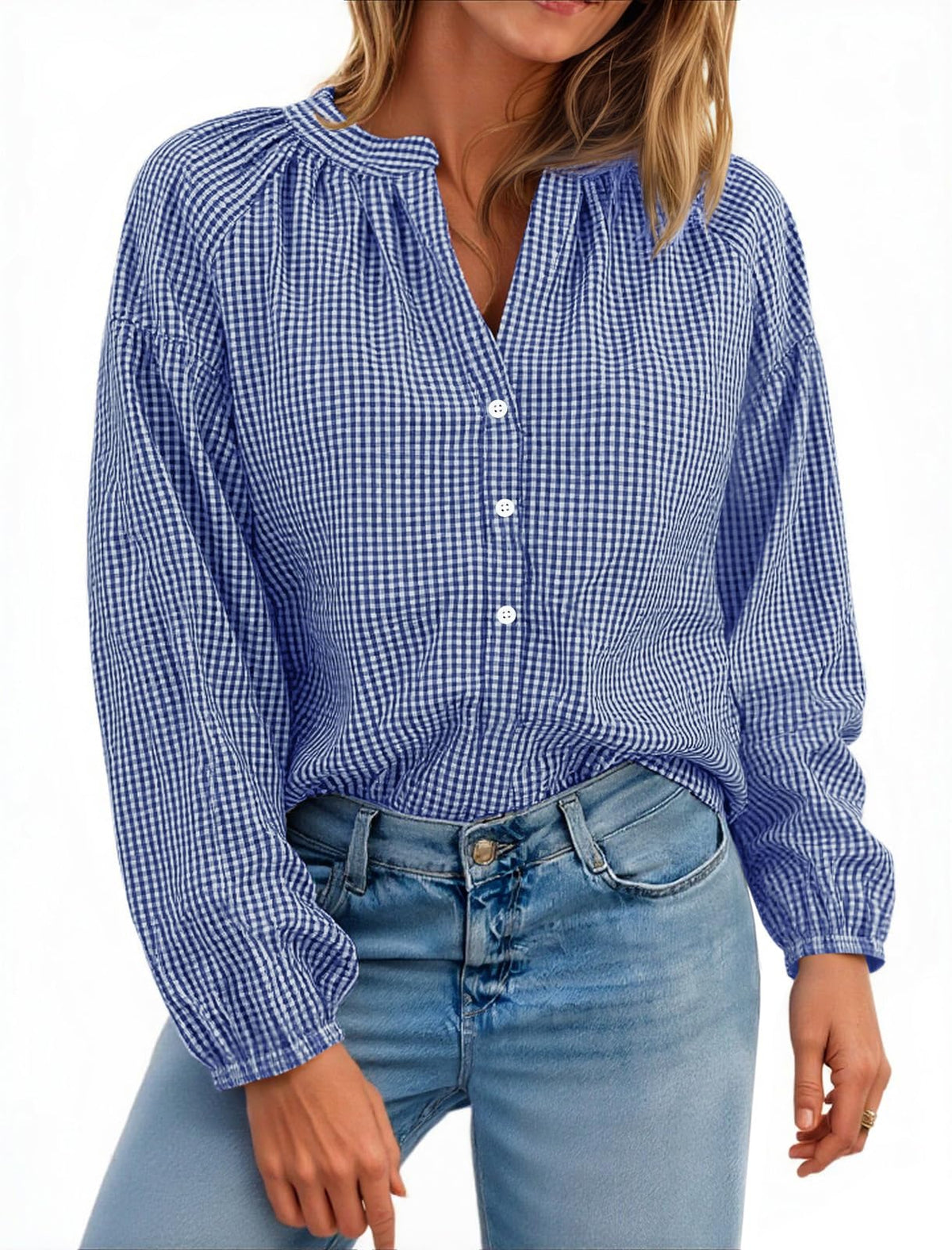 Cotton Gingham Puff Blouse
