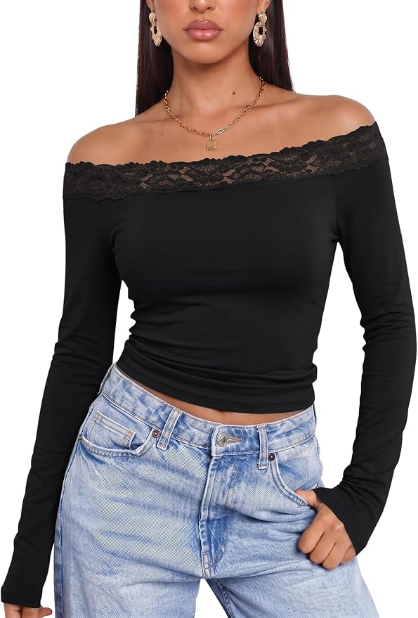 LUYAA Lace Trim Off The Shoulder Long Sleeve