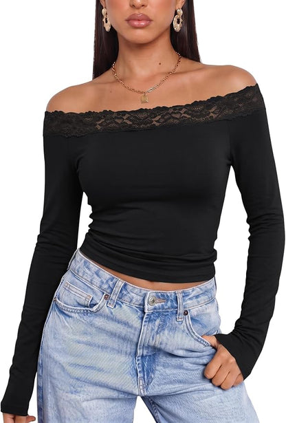 LUYAA Lace Trim Off The Shoulder Long Sleeve