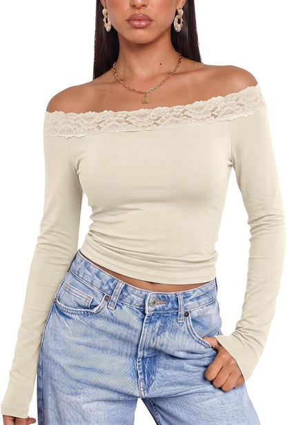 LUYAA Lace Trim Off The Shoulder Long Sleeve