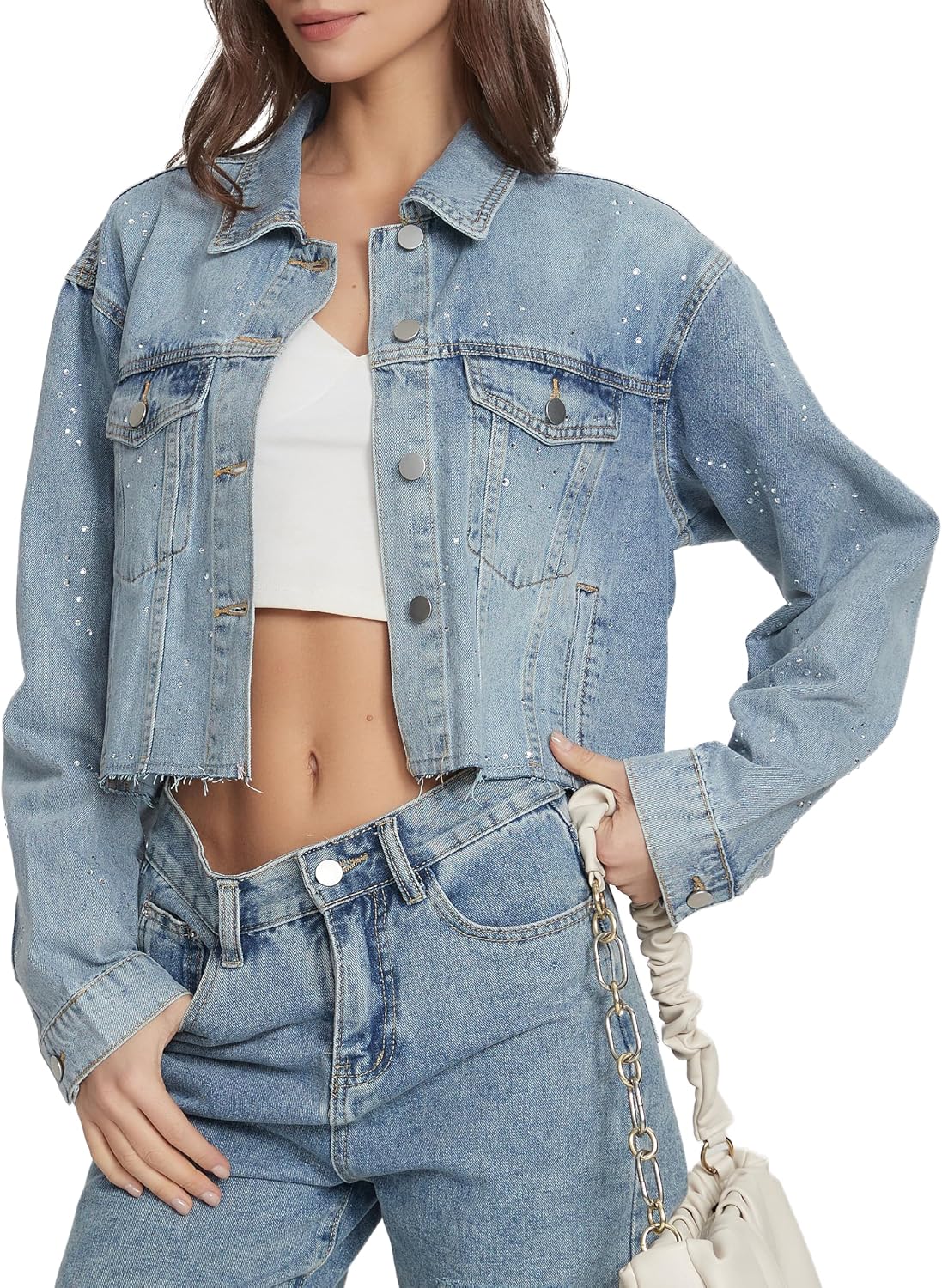 Rhinestone Cropped Jean Jacket